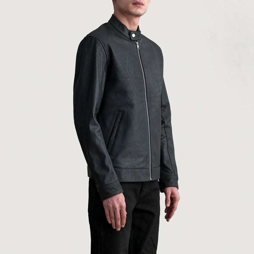 Tumbled Black Sheepskin Leather Biker Jacket - Back View Showing Tailored Shoulder Fit & Clean Hemline