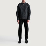 Close-Up Detail of Snap Button &amp; Zipper Hardware on Zen Tumbled Black Leather Biker Jacket